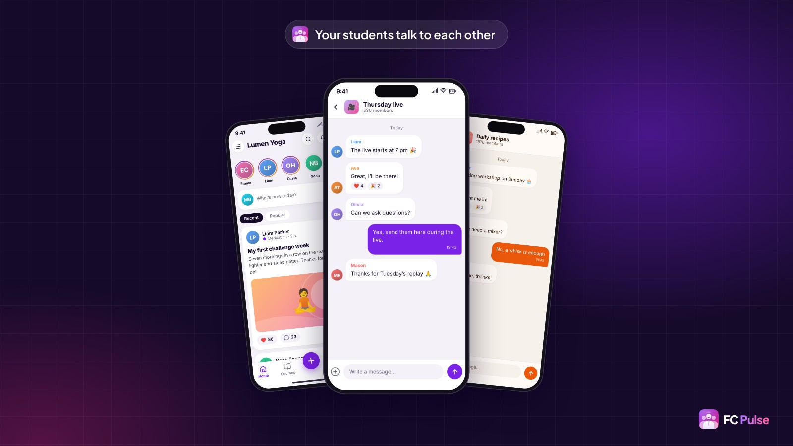 Three phones with the FC Pulse app: the chat of a fictional yoga space, the Activity feed and the chat of a cooking space.