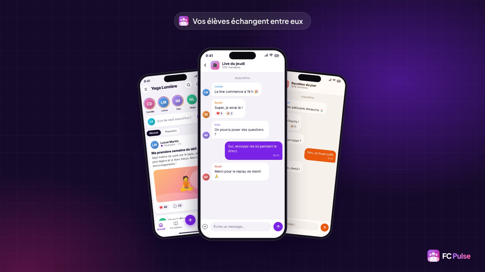 Trois téléphones avec l’app FC Pulse : le chat d’un espace de yoga fictif, le flux d’activité et le chat d’un espace de cuisine.