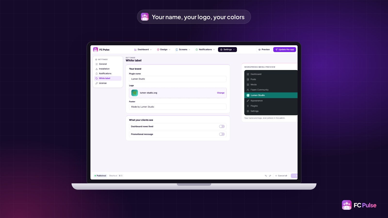 The FC Pulse White label screen in WordPress, on a laptop: plugin name, logo and a preview of the WordPress menu under a fictional studio’s name.