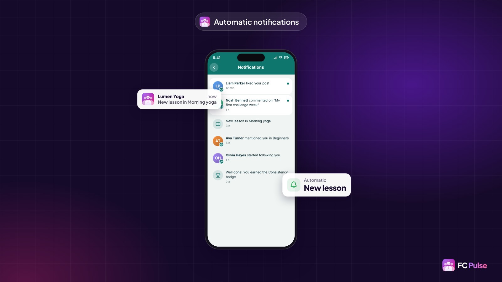 A phone with a member’s notifications in FC Pulse, a “New lesson in Morning yoga” notification and an Automatic, new lesson card.