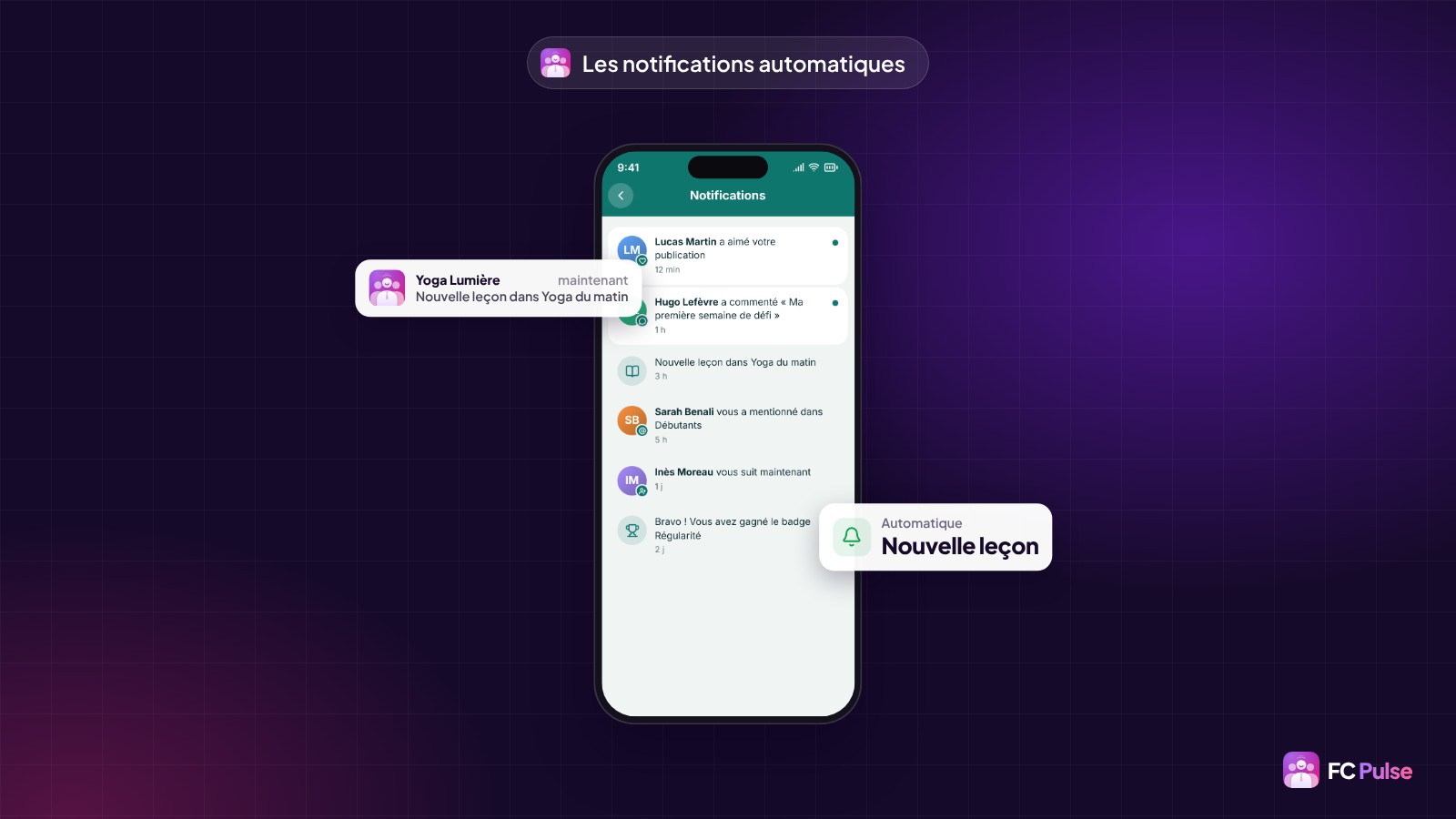 Un téléphone avec les notifications d’une membre dans FC Pulse, une notification « Nouvelle leçon dans Yoga du matin » et une carte Automatique, nouvelle leçon.