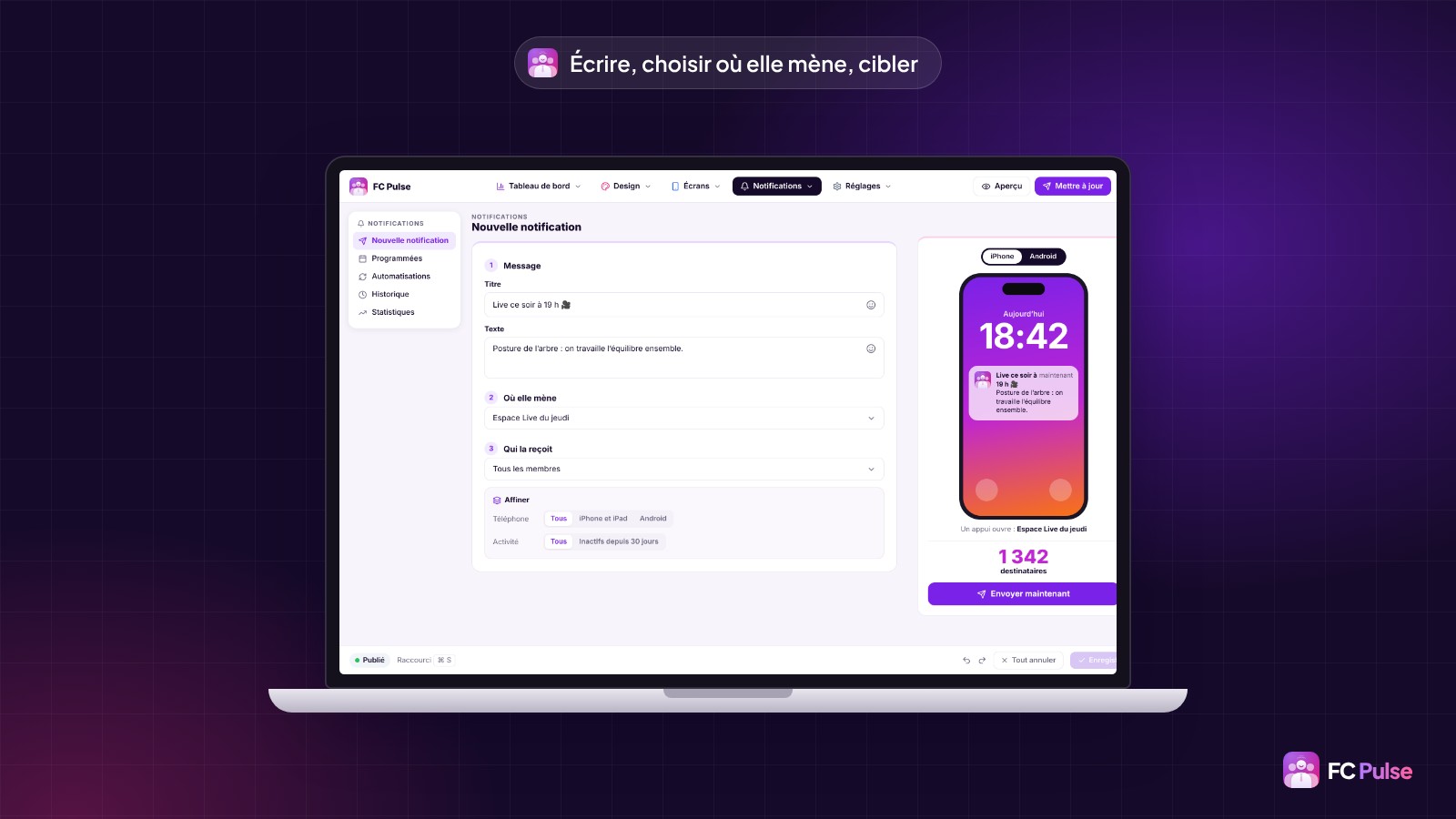 L’écran Nouvelle notification de FC Pulse dans WordPress, sur un ordinateur portable : titre, texte, destination, destinataires et aperçu sur iPhone avec 1 342 destinataires.