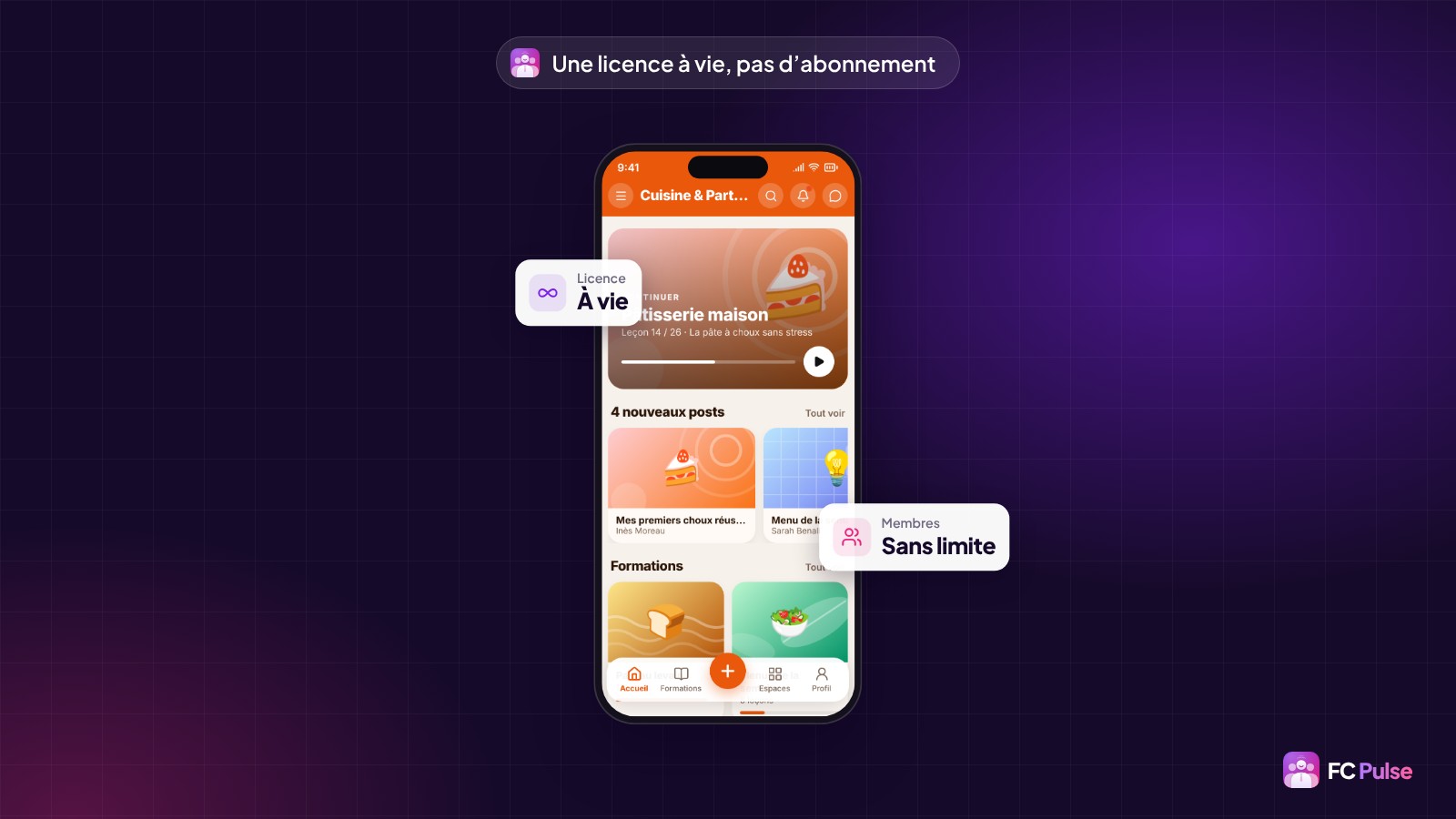 Un téléphone avec l’accueil d’une communauté de cuisine fictive dans FC Pulse, entouré de deux cartes : licence à vie et membres sans limite.