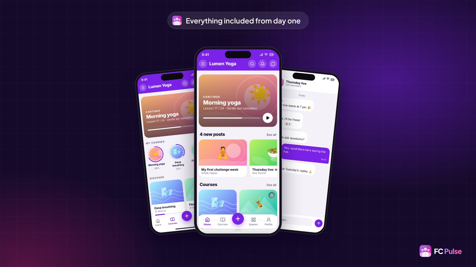Three phones with the FC Pulse app of a fictional yoga community: the home screen with the current course, the course list and a space chat.