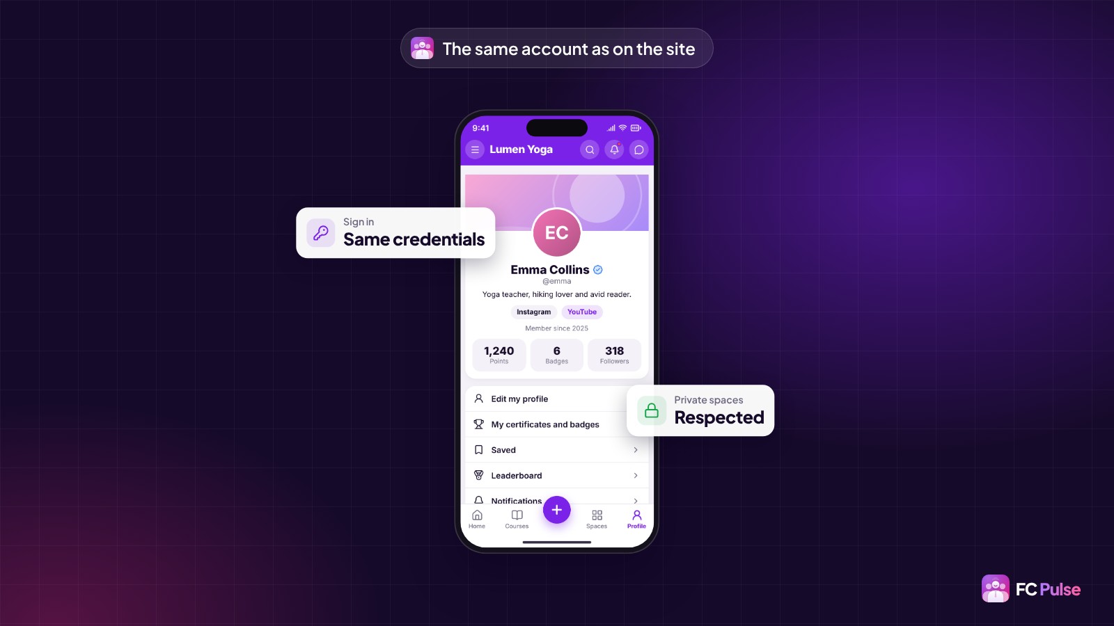 A phone with a fictional member’s profile in the FC Pulse app, surrounded by two cards: sign in with the same credentials and private spaces respected.