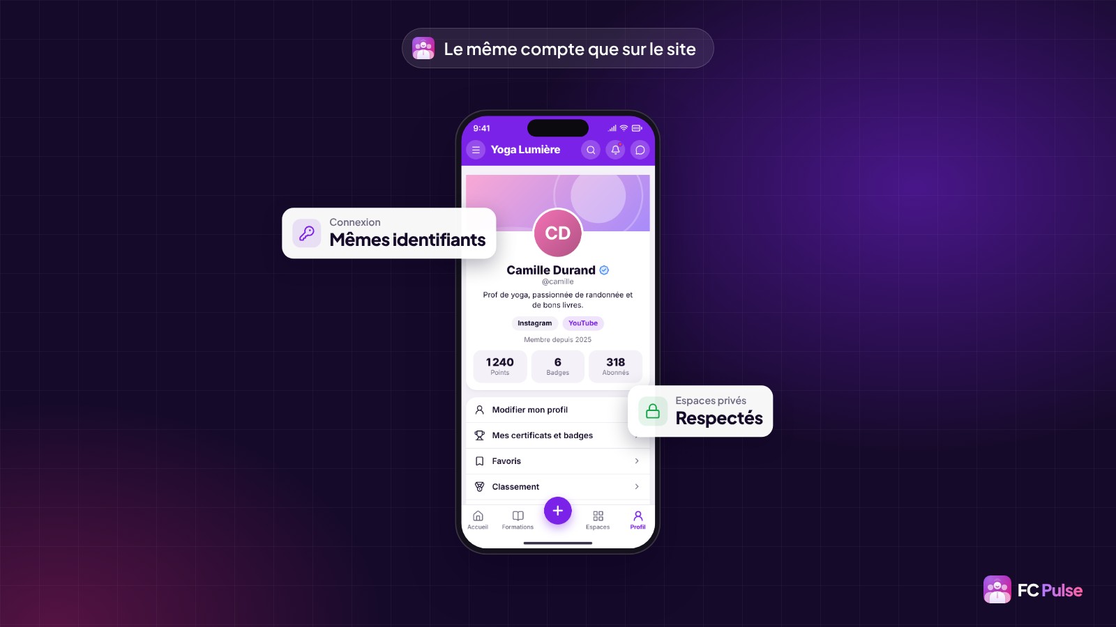 Un téléphone avec le profil d’une membre fictive dans l’app FC Pulse, entouré de deux cartes : connexion avec les mêmes identifiants et espaces privés respectés.