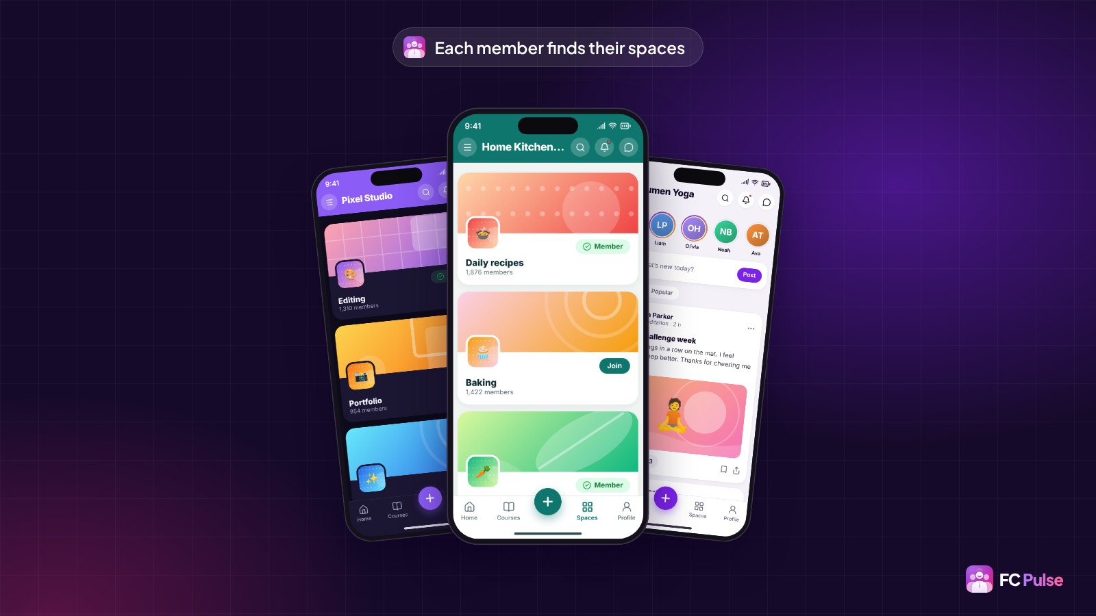 Three phones with the FC Pulse app: the spaces of a fictional photo workshop, those of a cooking community and the Activity feed of a yoga community.
