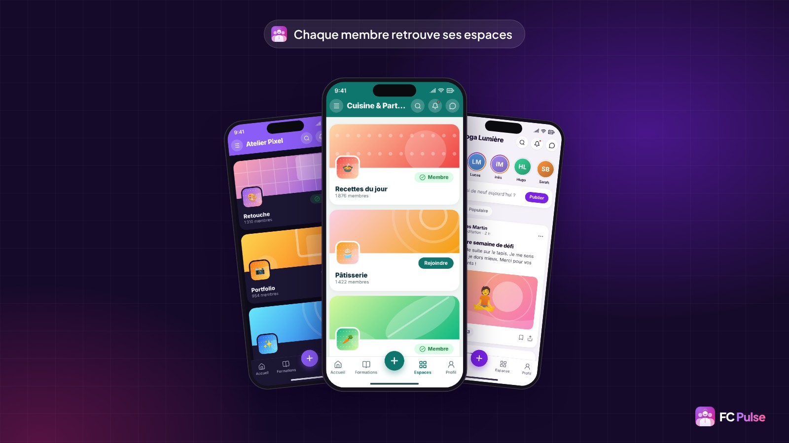 Trois téléphones avec l’app FC Pulse : les espaces d’un atelier photo fictif, ceux d’une communauté de cuisine et le flux d’activité d’une communauté de yoga.