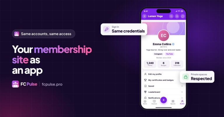 Featured image: “Your membership site as an app”, with a phone showing a fictional member’s profile in FC Pulse and two cards: same credentials, private spaces respected.